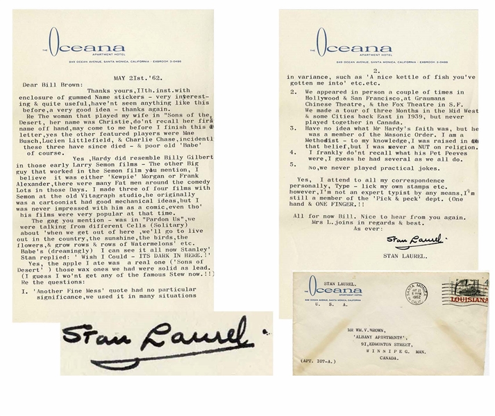 Stan Laurel Letter Signed With His Full Signature, Stan Laurel -- ...Another Fine Mess quote had no particular significance, we used it in many situations...